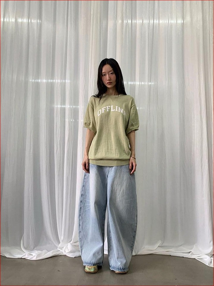 FOURFORTY Preppy Thin Sweater Knit Women's Lightweight Knit Short Sleeve T-shirts