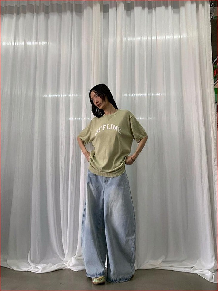 FOURFORTY Preppy Thin Sweater Knit Women's Lightweight Knit Short Sleeve T-shirts