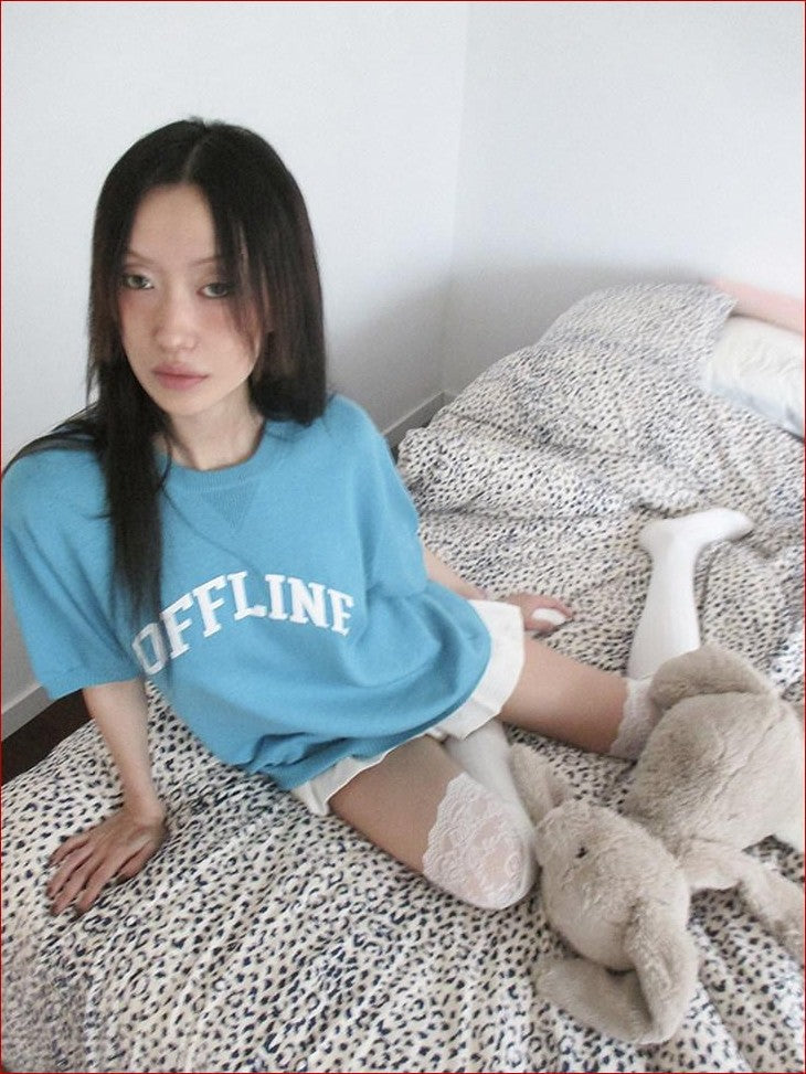 FOURFORTY Preppy Thin Sweater Knit Women's Lightweight Knit Short Sleeve T-shirts