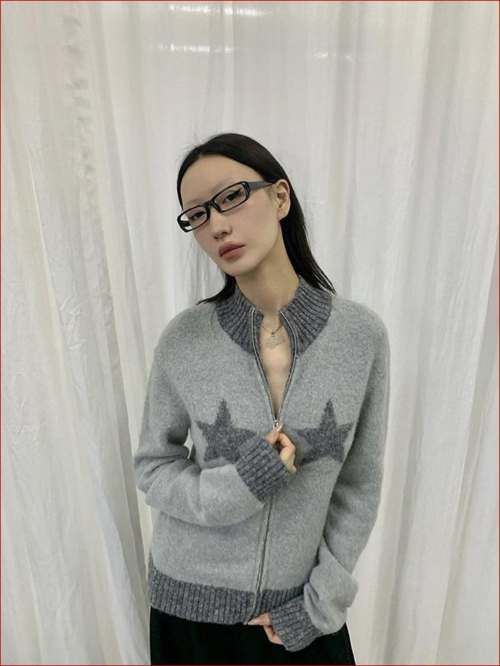 FOURFORTY Preppy Versatile Star Jacquard Zip Front Women's Knitwear Sweaters