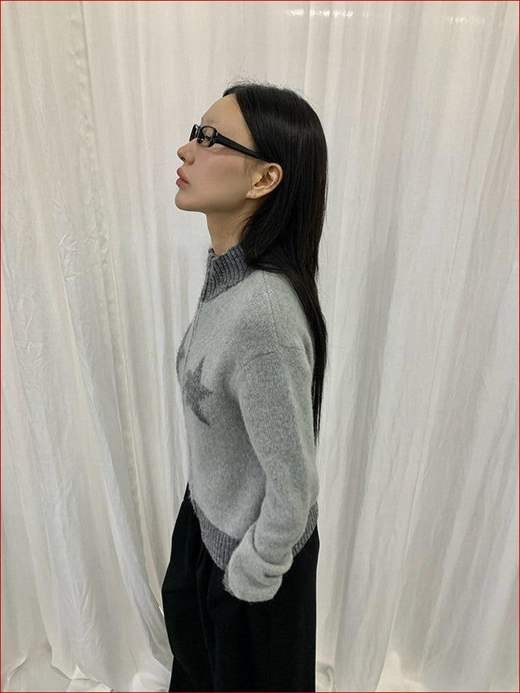 FOURFORTY Preppy Versatile Star Jacquard Zip Front Women's Knitwear Sweaters