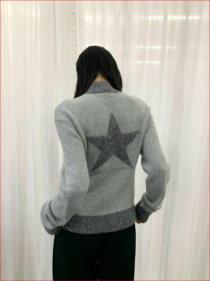 FOURFORTY Preppy Versatile Star Jacquard Zip Front Women's Knitwear Sweaters