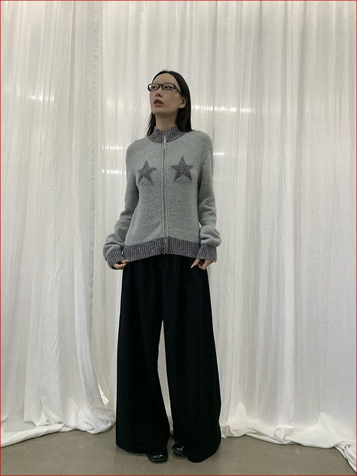 FOURFORTY Preppy Versatile Star Jacquard Zip Front Women's Knitwear Sweaters
