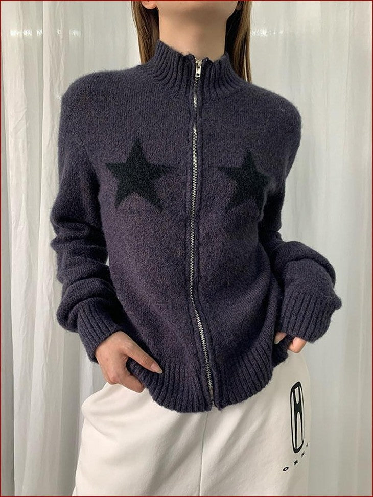 FOURFORTY Preppy Versatile Star Jacquard Zip Front Women's Knitwear Sweaters