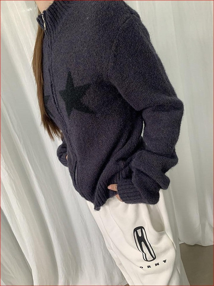 FOURFORTY Preppy Versatile Star Jacquard Zip Front Women's Knitwear Sweaters