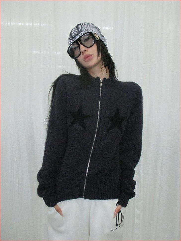 FOURFORTY Preppy Versatile Star Jacquard Zip Front Women's Knitwear Sweaters