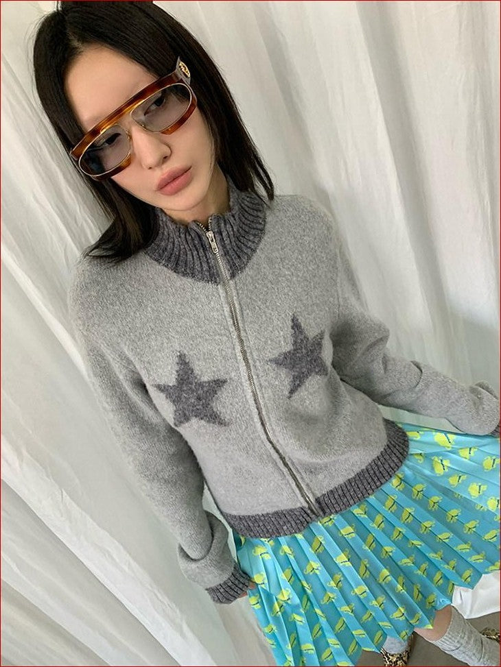 FOURFORTY Preppy Versatile Star Jacquard Zip Front Women's Knitwear Sweaters