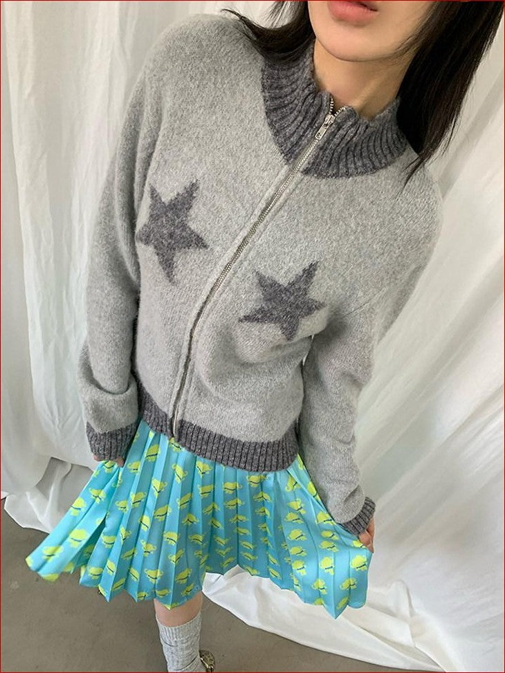 FOURFORTY Preppy Versatile Star Jacquard Zip Front Women's Knitwear Sweaters