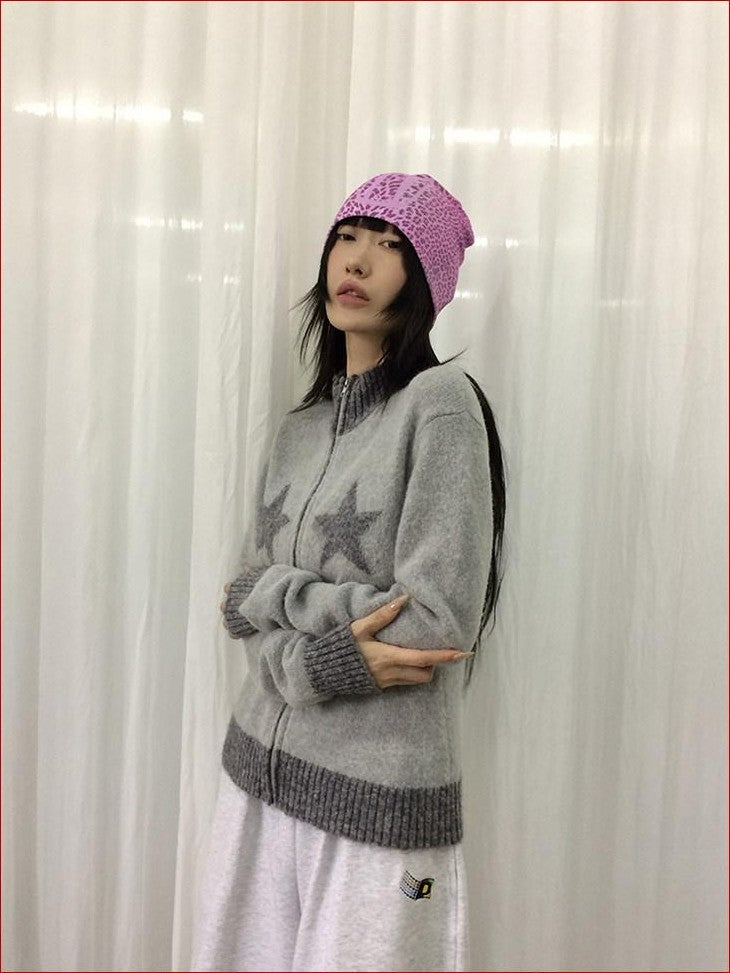 FOURFORTY Preppy Versatile Star Jacquard Zip Front Women's Knitwear Sweaters