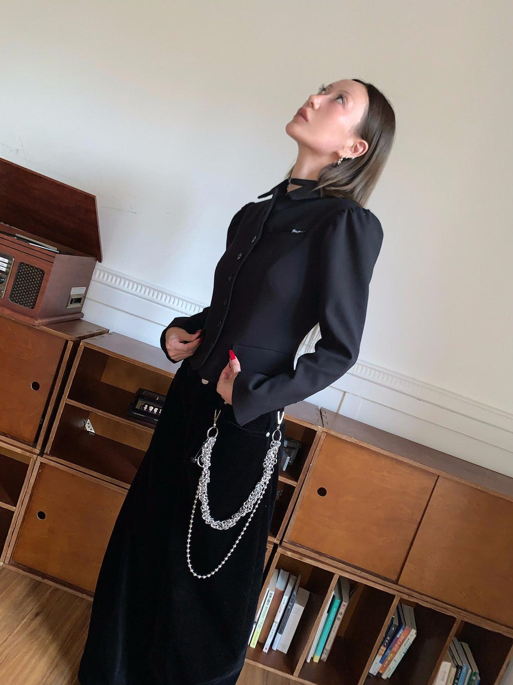 FOURFORTY Princess Sleeve Notched Lapel Cinched Waist Women's Polyester Wool Blend Blazers
