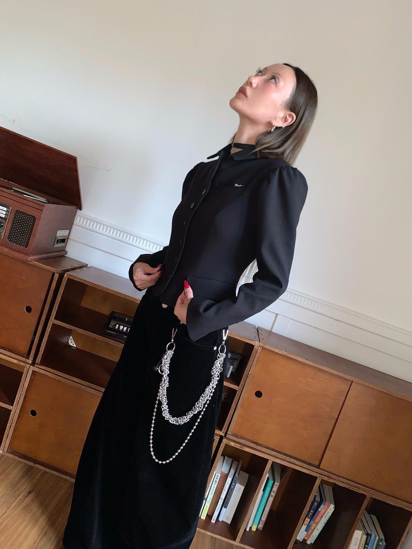 FOURFORTY Princess Sleeve Notched Lapel Cinched Waist Women's Polyester Wool Blend Blazers