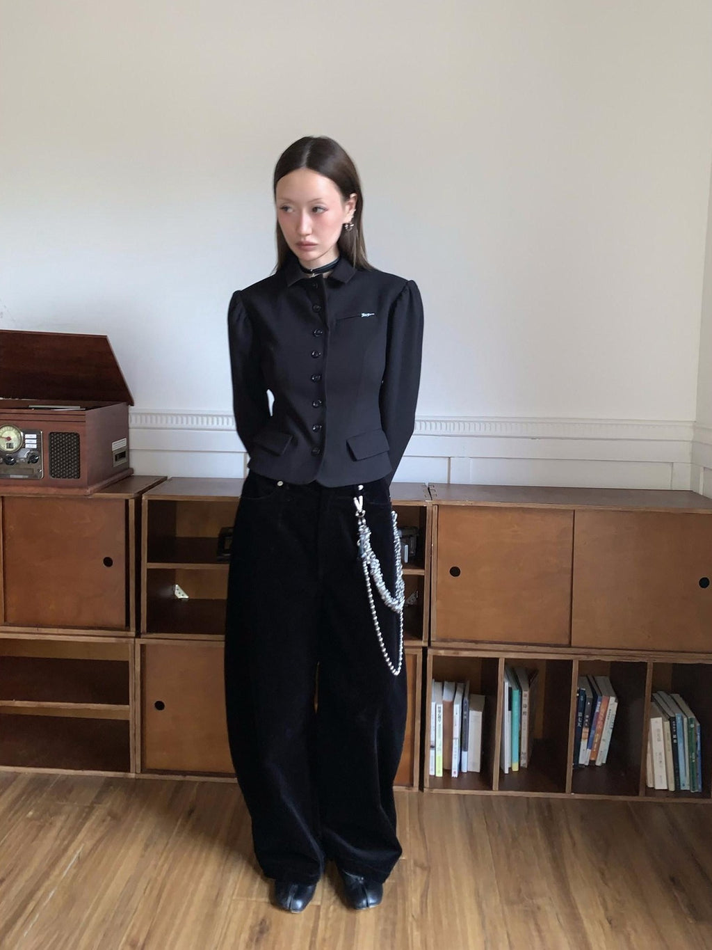 FOURFORTY Princess Sleeve Notched Lapel Cinched Waist Women's Polyester Wool Blend Blazers
