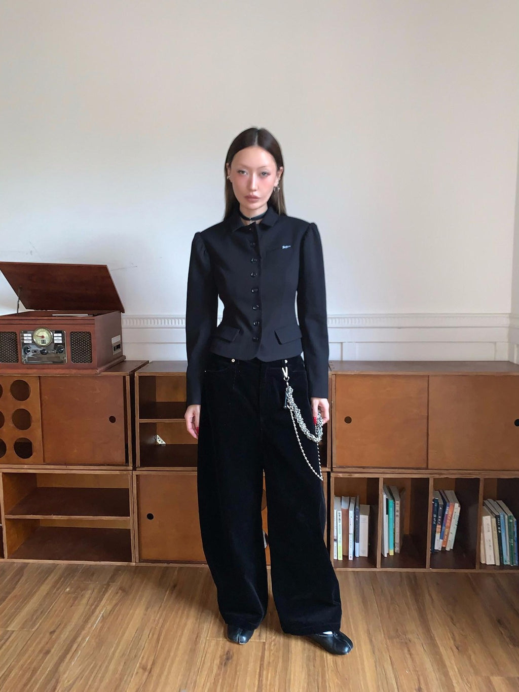 FOURFORTY Princess Sleeve Notched Lapel Cinched Waist Women's Polyester Wool Blend Blazers