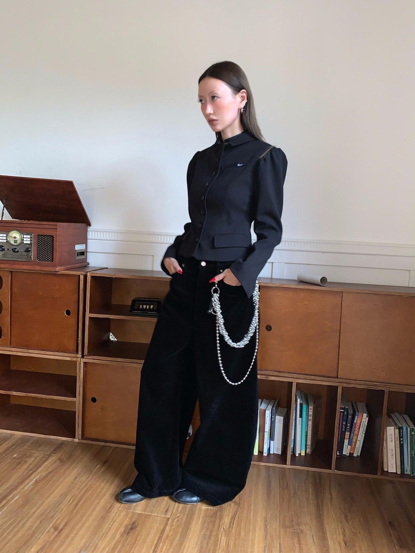 FOURFORTY Princess Sleeve Notched Lapel Cinched Waist Women's Polyester Wool Blend Blazers