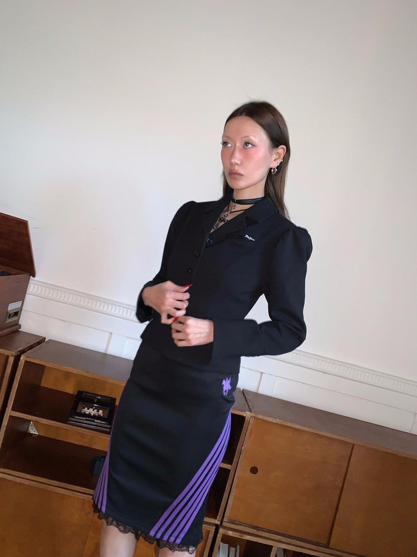 FOURFORTY Princess Sleeve Notched Lapel Cinched Waist Women's Polyester Wool Blend Blazers