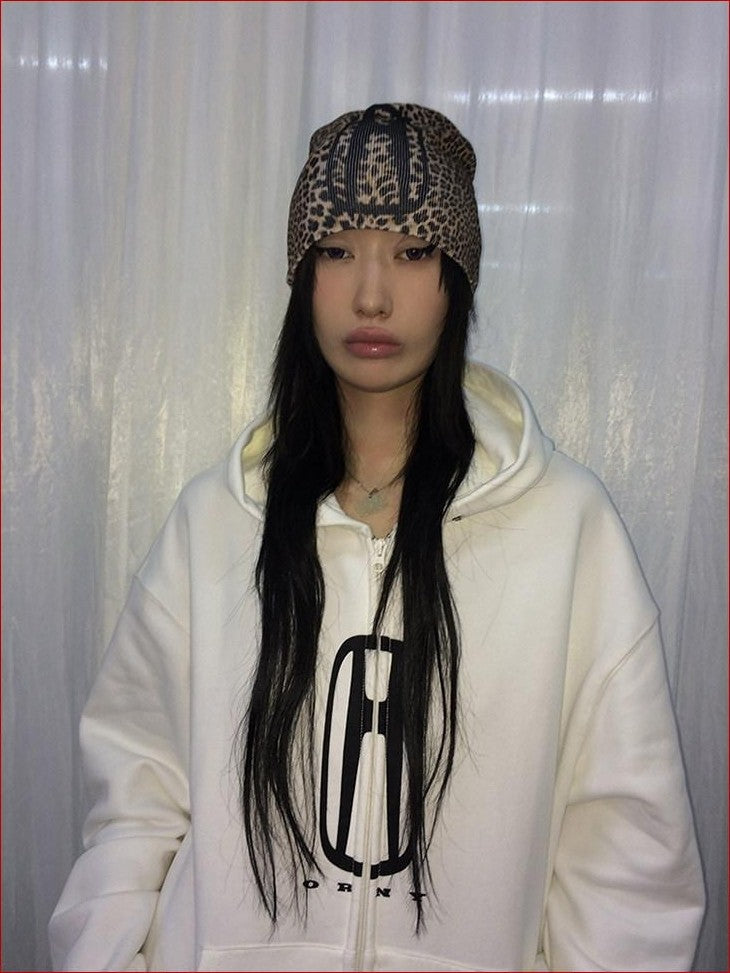 FOURFORTY Printed Leopard Animal Print Women's Wool Yarn Knitted Beanies