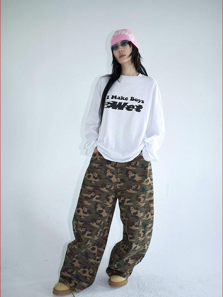 FOURFORTY Racing Flame Print Boxy Round Neck Women's Cotton Long Sleeve T-shirts