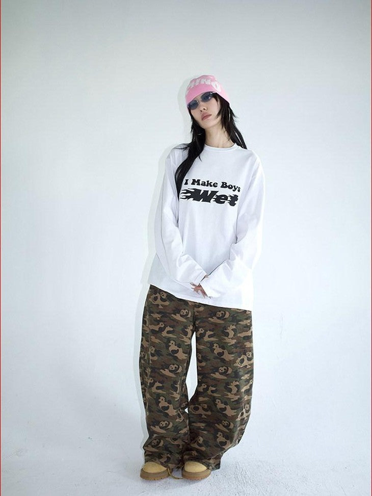 FOURFORTY Racing Flame Print Boxy Round Neck Women's Cotton Long Sleeve T-shirts