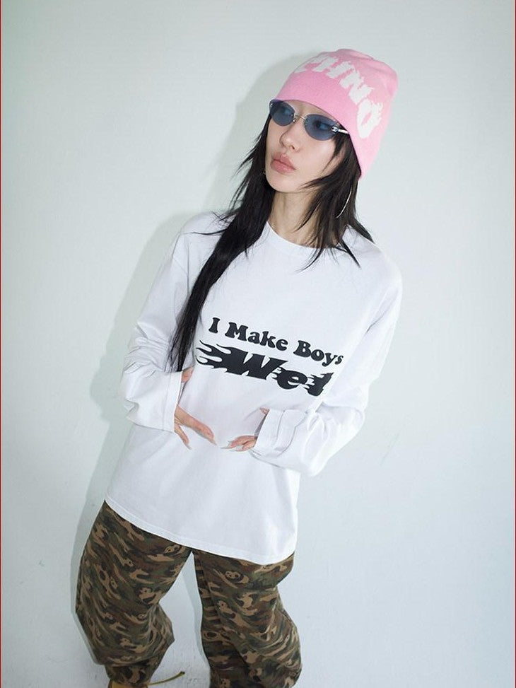 FOURFORTY Racing Flame Print Boxy Round Neck Women's Cotton Long Sleeve T-shirts