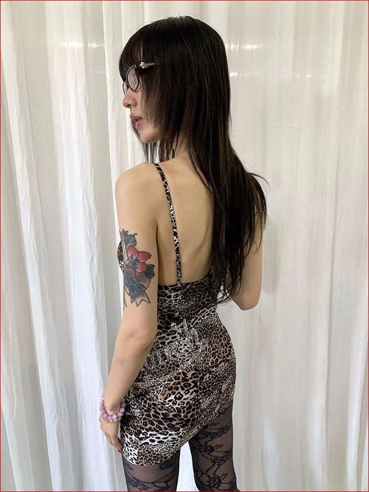 FOURFORTY Rhinestone Leopard Print Women's Spaghetti Strap Polyester Bodycon Mini Dresses