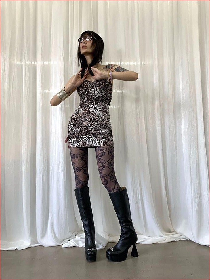 FOURFORTY Rhinestone Leopard Print Women's Spaghetti Strap Polyester Bodycon Mini Dresses