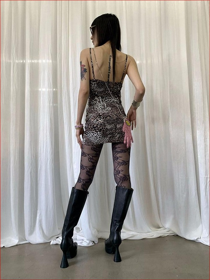 FOURFORTY Rhinestone Leopard Print Women's Spaghetti Strap Polyester Bodycon Mini Dresses