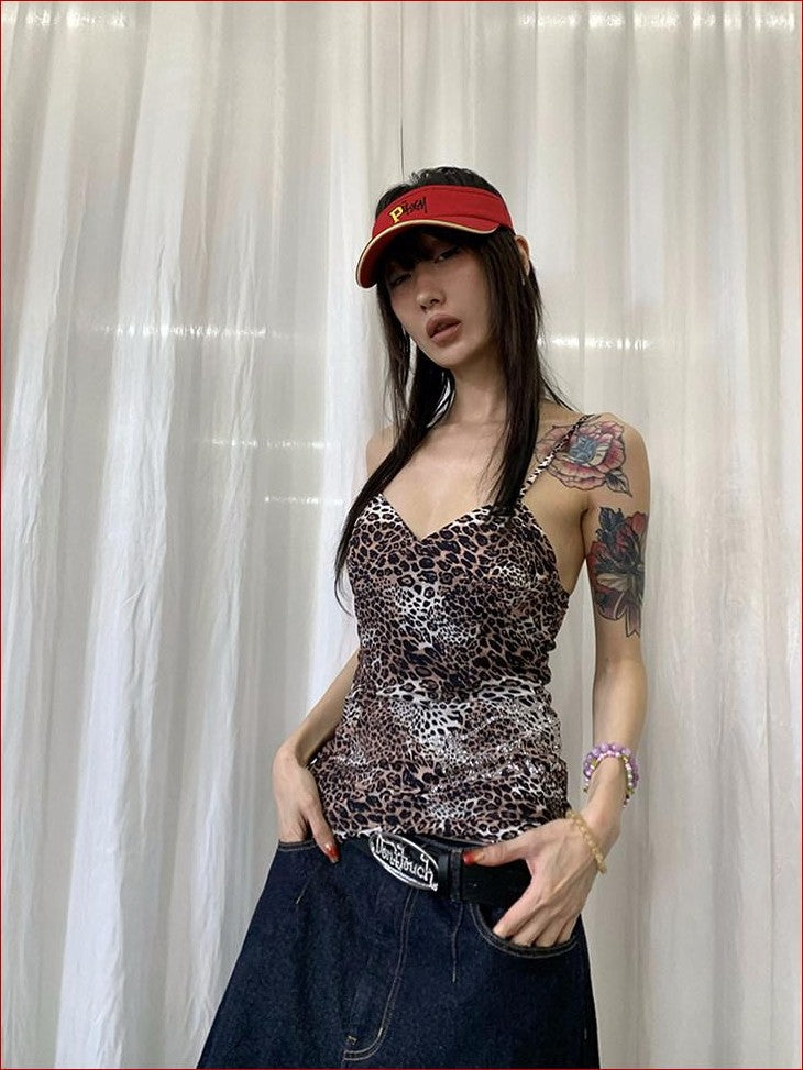 FOURFORTY Rhinestone Leopard Print Women's Spaghetti Strap Polyester Bodycon Mini Dresses