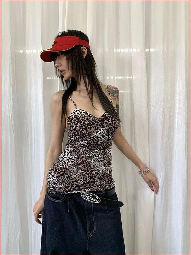 FOURFORTY Rhinestone Leopard Print Women's Spaghetti Strap Polyester Bodycon Mini Dresses