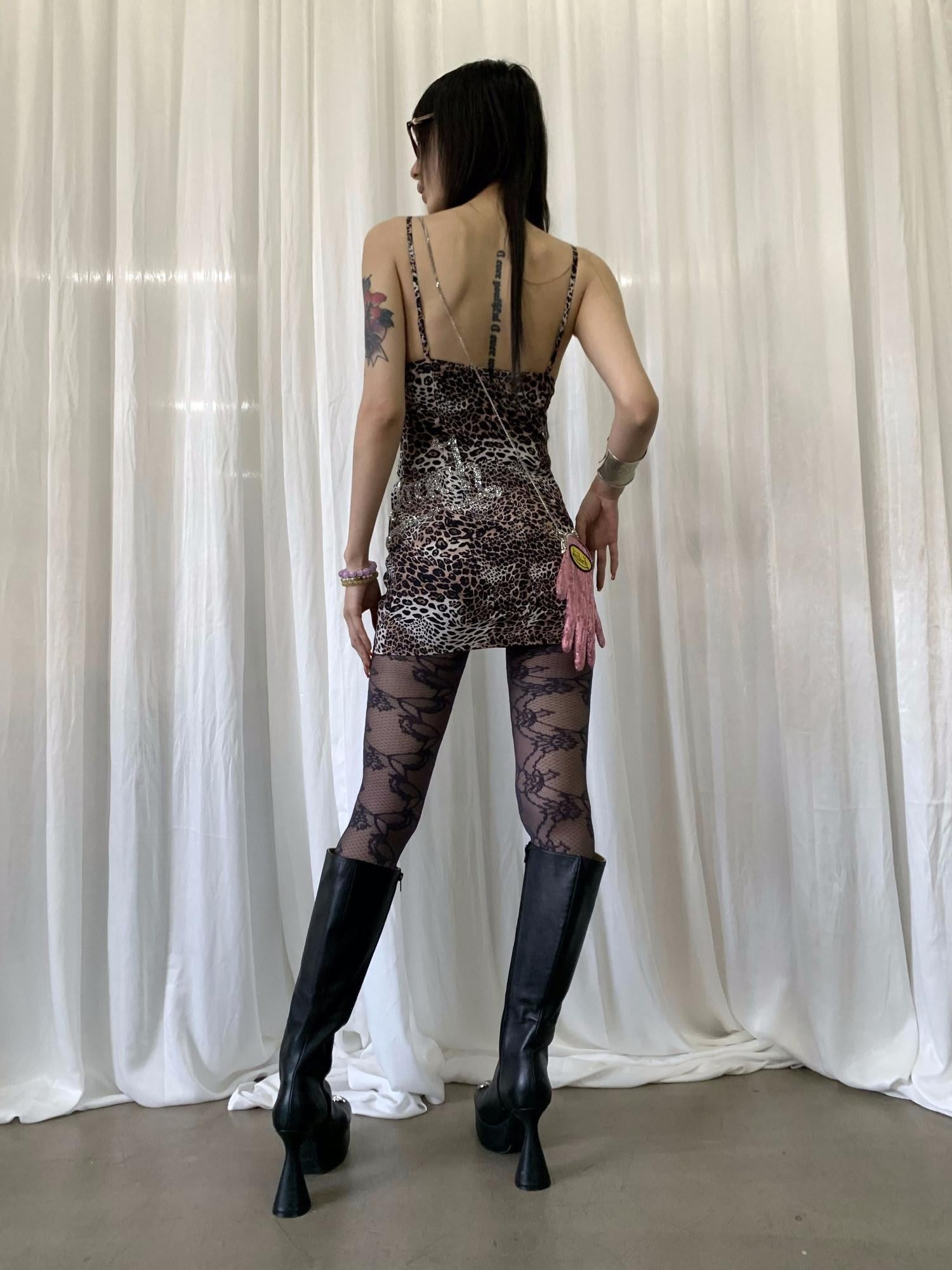FOURFORTY Rhinestone Leopard Print Women's Spaghetti Strap Polyester Bodycon Mini Dresses