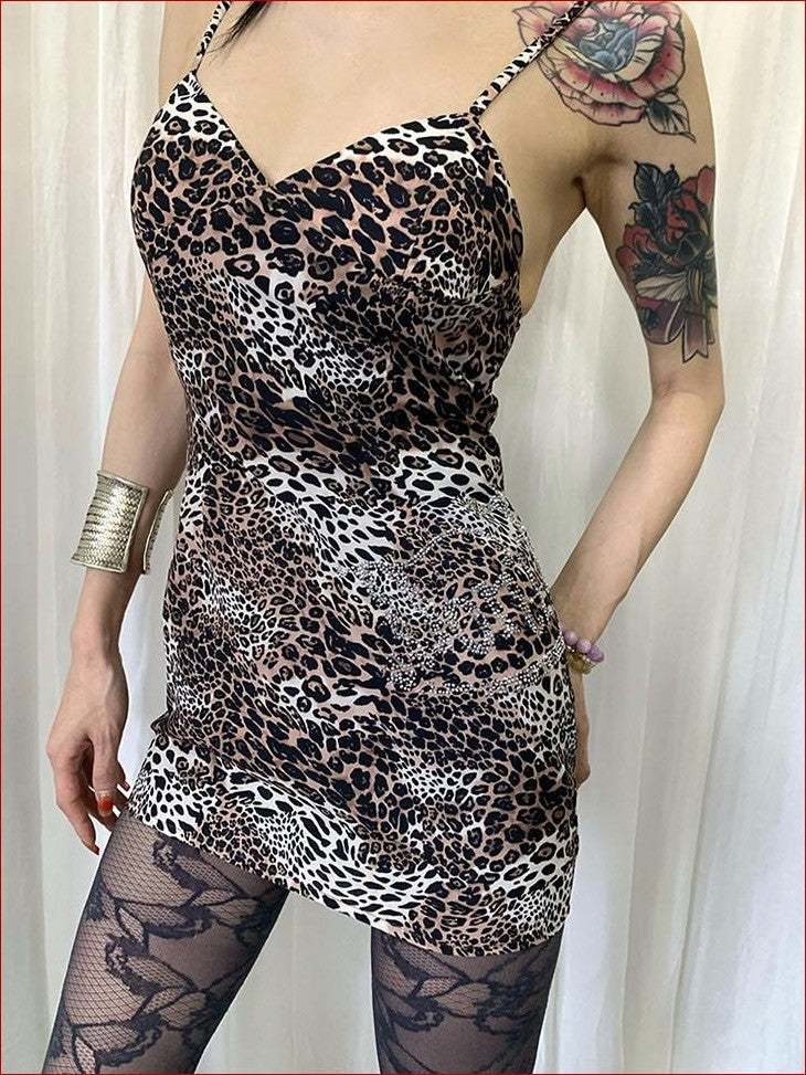 FOURFORTY Rhinestone Leopard Print Women's Spaghetti Strap Polyester Bodycon Mini Dresses