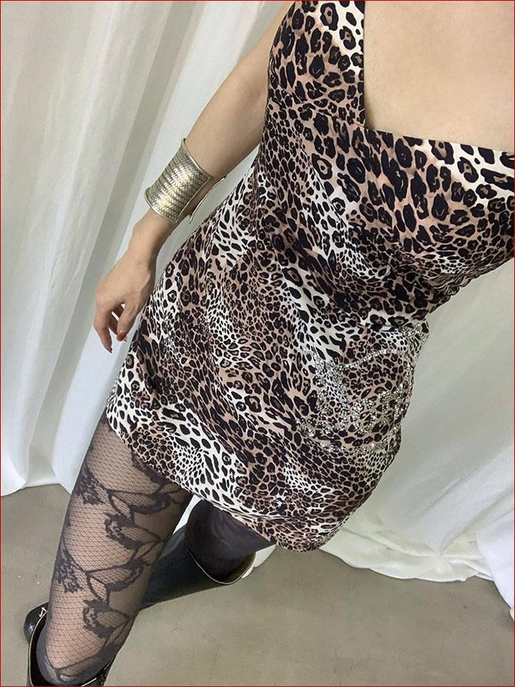 FOURFORTY Rhinestone Leopard Print Women's Spaghetti Strap Polyester Bodycon Mini Dresses