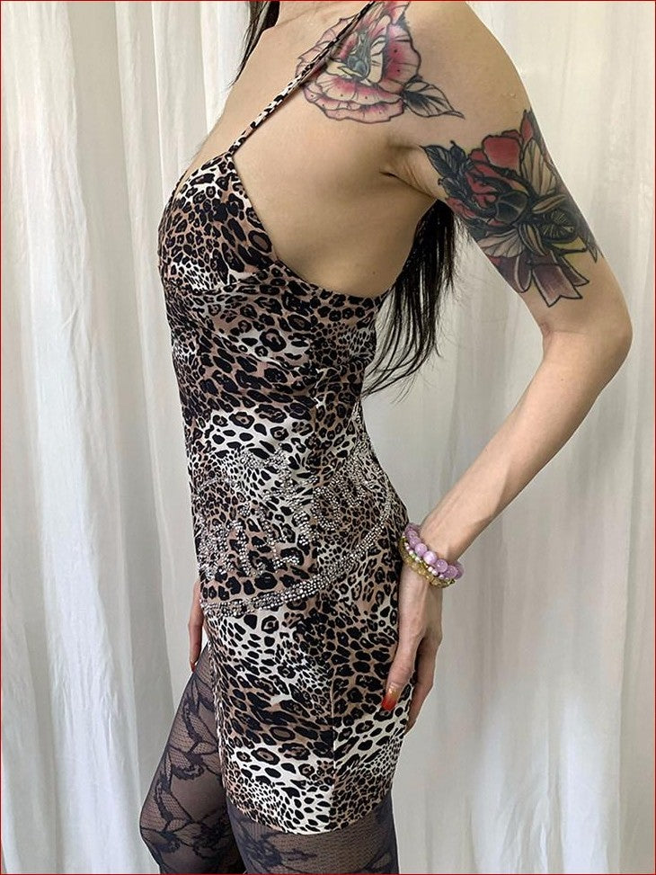 FOURFORTY Rhinestone Leopard Print Women's Spaghetti Strap Polyester Bodycon Mini Dresses