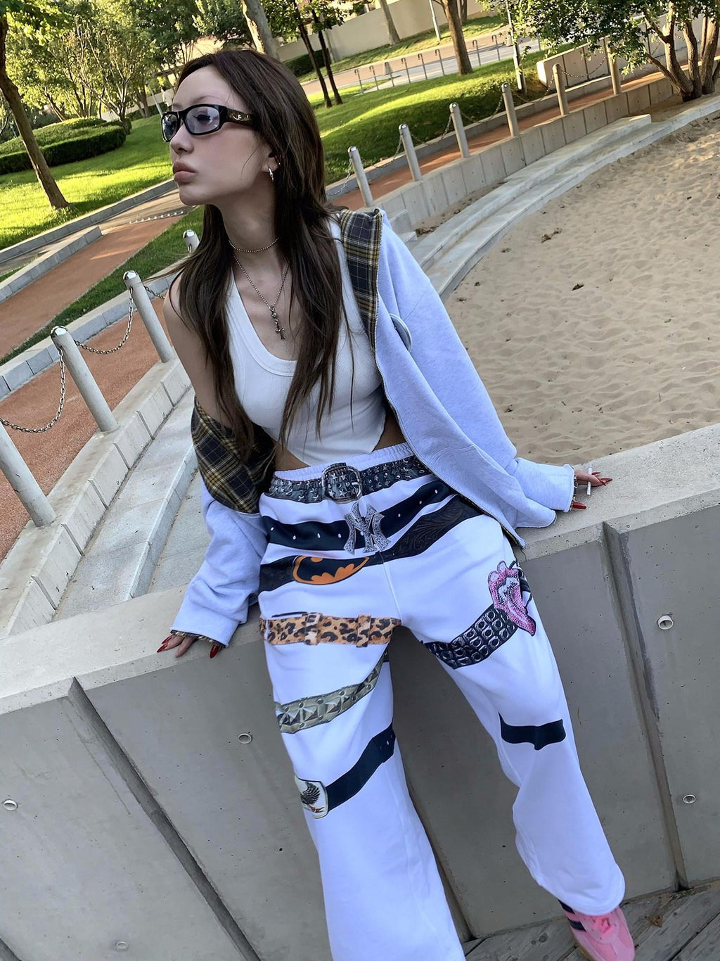 FOURFORTY Rock Inspired 3d Print Waist Belt Print Women's Fleece Lined Sweatpants