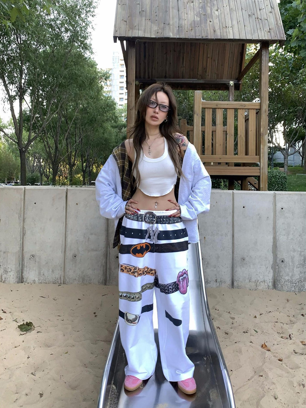 FOURFORTY Rock Inspired 3d Print Waist Belt Print Women's Fleece Lined Sweatpants