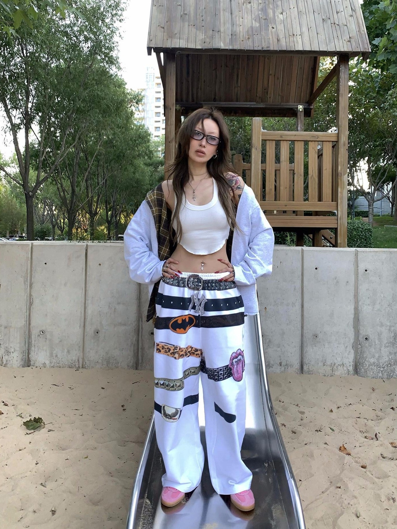 FOURFORTY Rock Inspired 3d Print Waist Belt Print Women's Fleece Lined Sweatpants