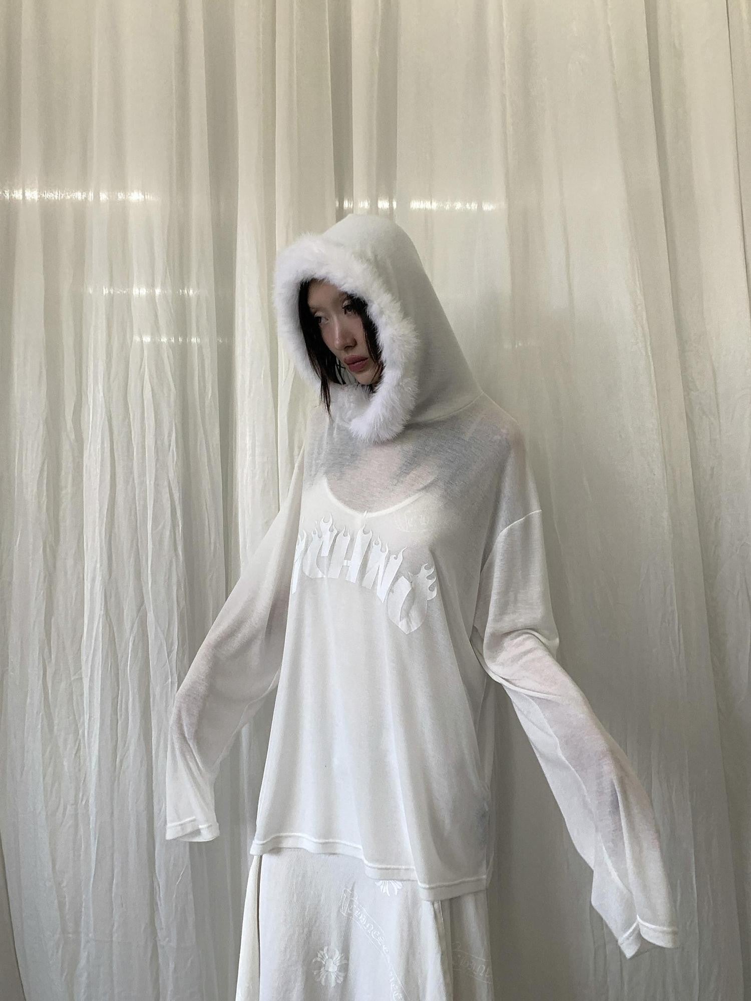 FOURFORTY Sheer Hardcore Tech Rabbit Fur Collar Women's Street Long Sleeve Sweatshirts