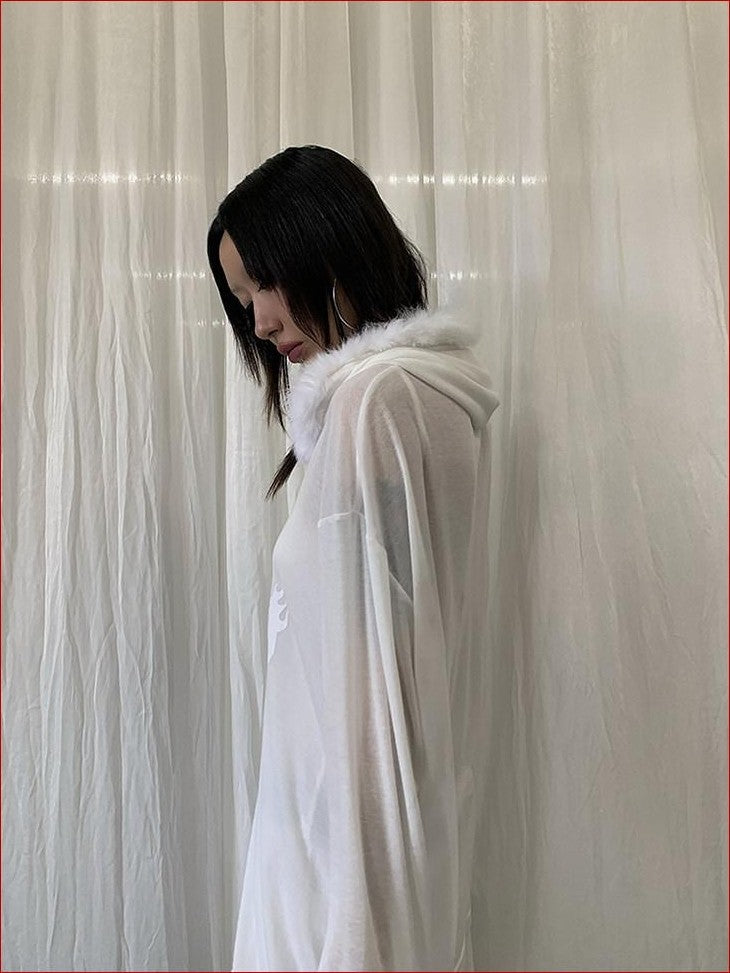 FOURFORTY Sheer Hardcore Tech Rabbit Fur Collar Women's Street Long Sleeve Sweatshirts