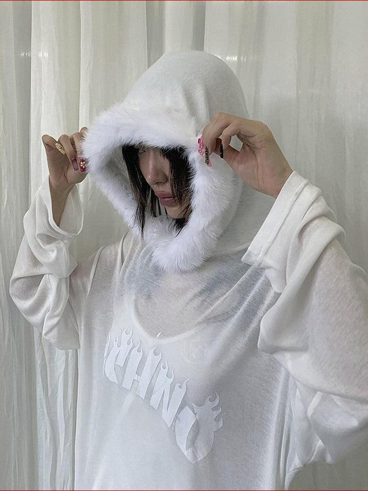 FOURFORTY Sheer Hardcore Tech Rabbit Fur Collar Women's Street Long Sleeve Sweatshirts