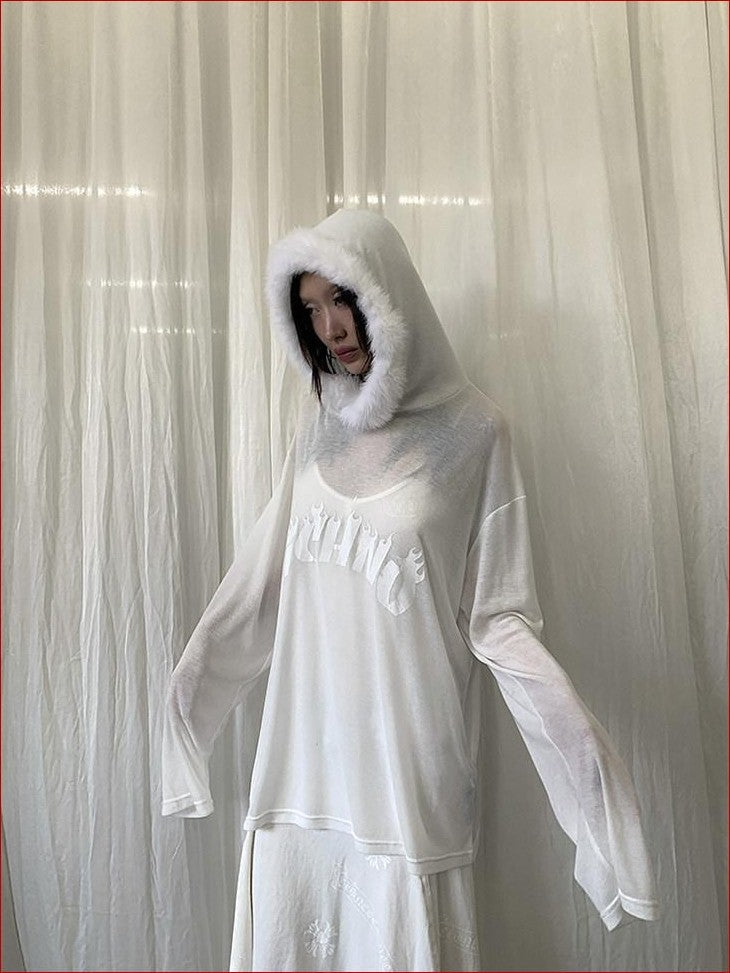 FOURFORTY Sheer Hardcore Tech Rabbit Fur Collar Women's Street Long Sleeve Sweatshirts