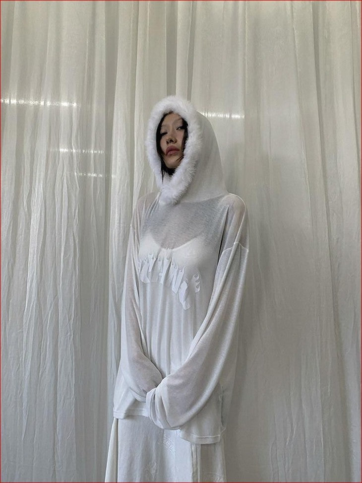 FOURFORTY Sheer Hardcore Tech Rabbit Fur Collar Women's Street Long Sleeve Sweatshirts
