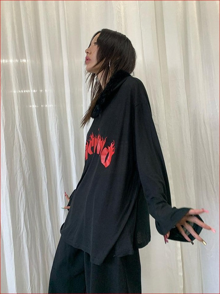FOURFORTY Sheer Hardcore Tech Rabbit Fur Collar Women's Street Long Sleeve Sweatshirts