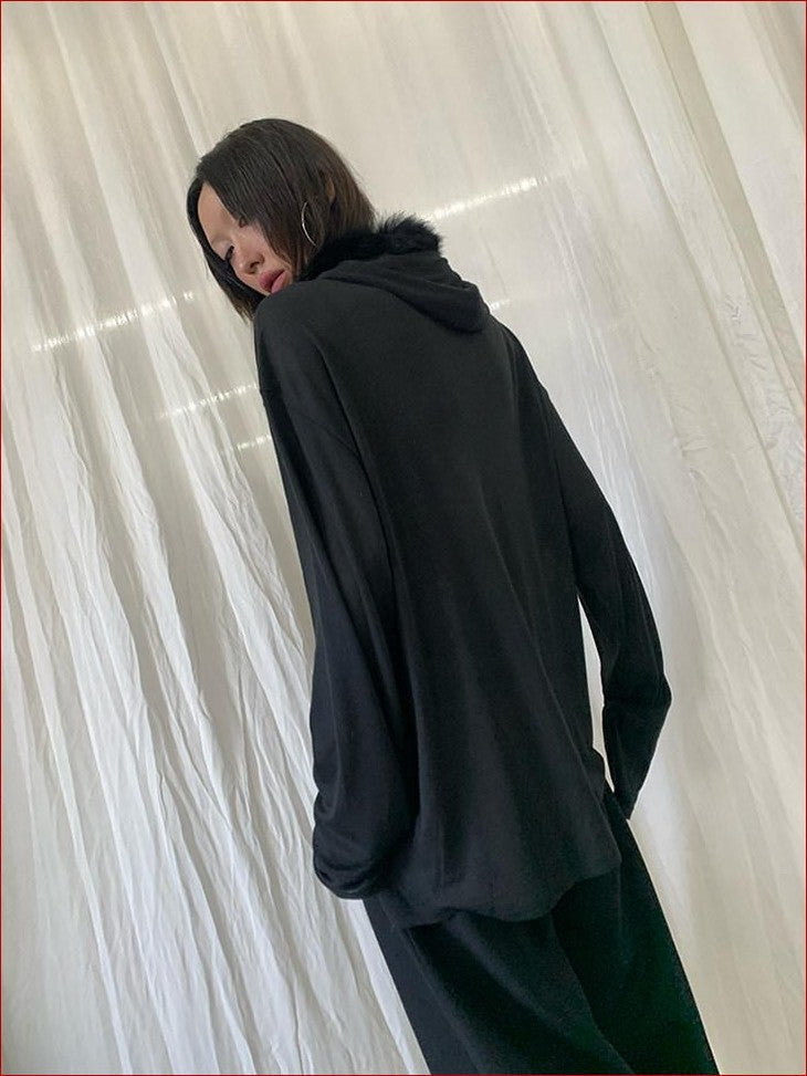 FOURFORTY Sheer Hardcore Tech Rabbit Fur Collar Women's Street Long Sleeve Sweatshirts