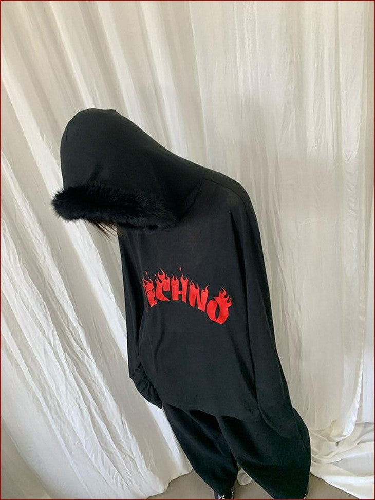 FOURFORTY Sheer Hardcore Tech Rabbit Fur Collar Women's Street Long Sleeve Sweatshirts