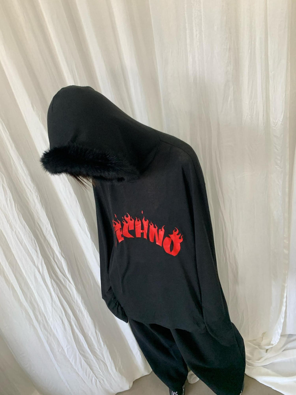 FOURFORTY Sheer Hardcore Tech Rabbit Fur Collar Women's Street Long Sleeve Sweatshirts