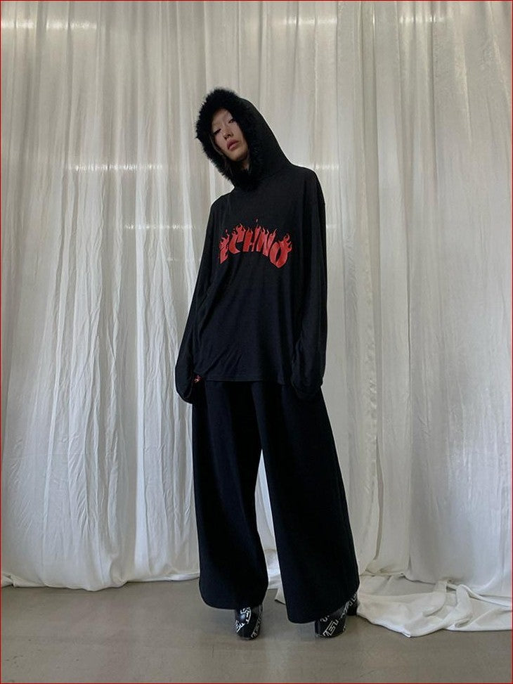 FOURFORTY Sheer Hardcore Tech Rabbit Fur Collar Women's Street Long Sleeve Sweatshirts