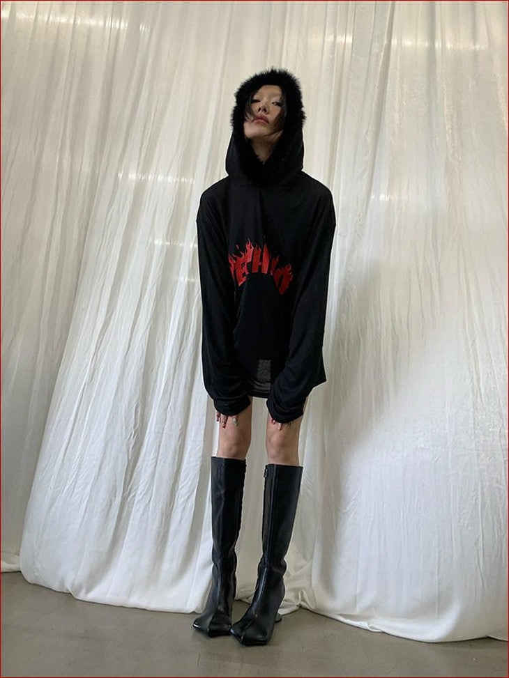 FOURFORTY Sheer Hardcore Tech Rabbit Fur Collar Women's Street Long Sleeve Sweatshirts