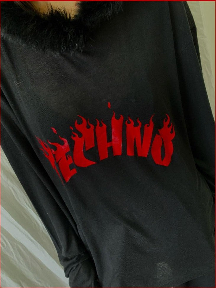 FOURFORTY Sheer Hardcore Tech Rabbit Fur Collar Women's Street Long Sleeve Sweatshirts