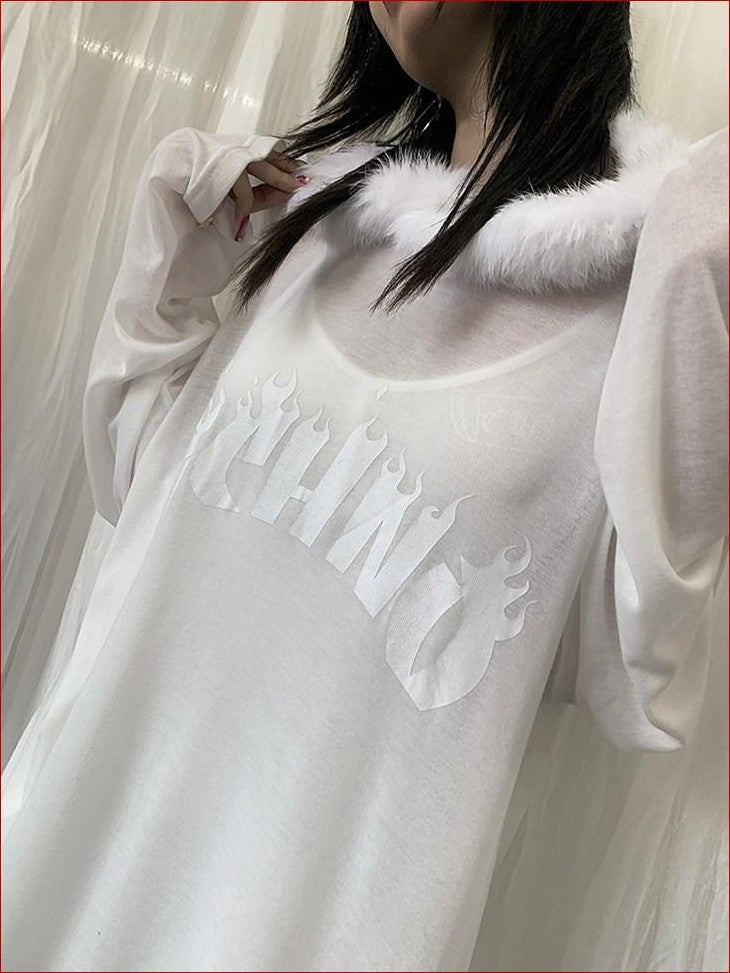 FOURFORTY Sheer Hardcore Tech Rabbit Fur Collar Women's Street Long Sleeve Sweatshirts