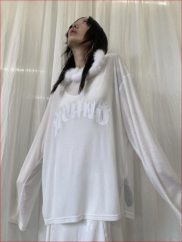 FOURFORTY Sheer Hardcore Tech Rabbit Fur Collar Women's Street Long Sleeve Sweatshirts