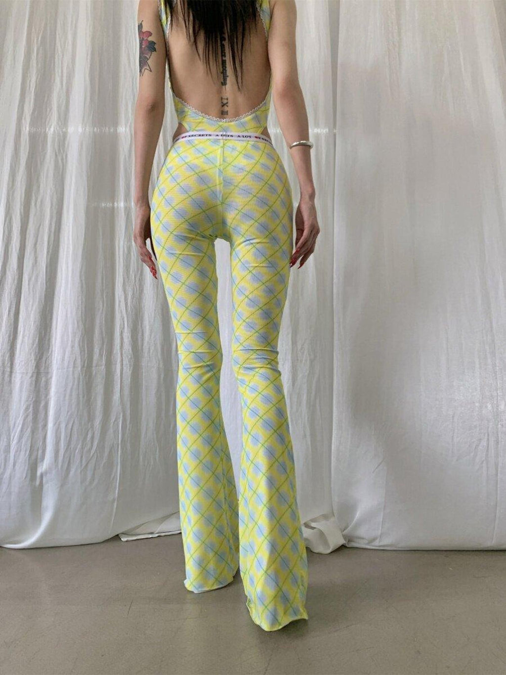 FOURFORTY Sheer Plaid Mesh Women's Wide Leg High Rise Tulle Flare Pants
